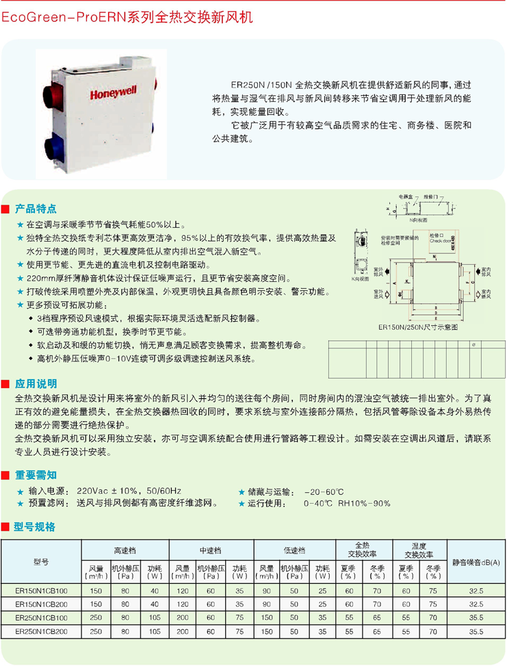 霍尼韦尔新风系统超薄全热交换机ER150N1CB100/ER250N1CB100产品特点